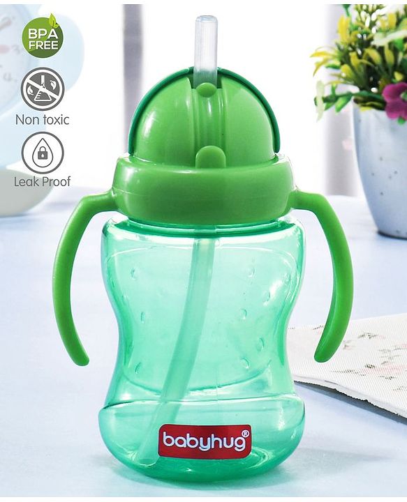Babyhug Straw Sipper Bottle with Twin Handles  Green, 180 ml | BPA Free | Spill-Resistant | Easy Grip |Flip Up Straw | Travel Friendly | Ideal for Newborns & Toddlers