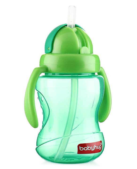 Babyhug Straw Sipper Bottle with Twin Handles  Green, 180 ml | BPA Free | Spill-Resistant | Easy Grip |Flip Up Straw | Travel Friendly | Ideal for Newborns & Toddlers