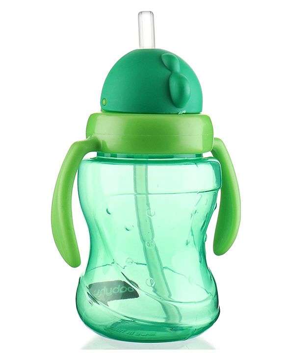 Babyhug Straw Sipper Bottle with Twin Handles  Green, 180 ml | BPA Free | Spill-Resistant | Easy Grip |Flip Up Straw | Travel Friendly | Ideal for Newborns & Toddlers