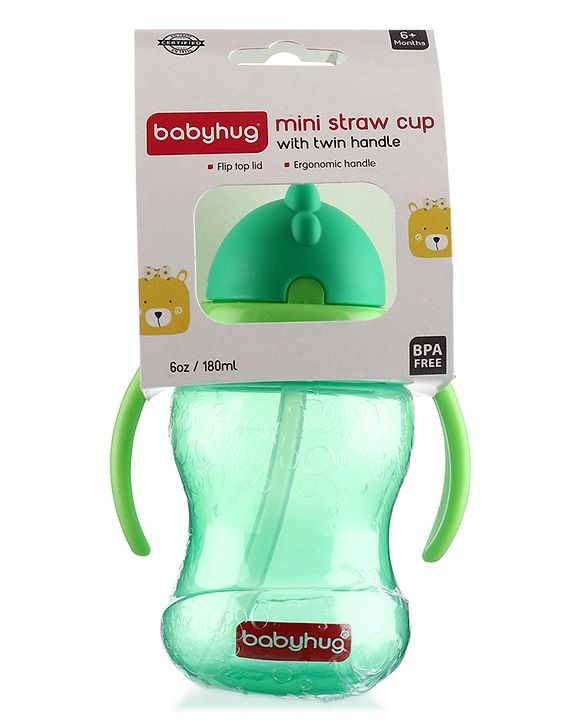 Babyhug Straw Sipper Bottle with Twin Handles  Green, 180 ml | BPA Free | Spill-Resistant | Easy Grip |Flip Up Straw | Travel Friendly | Ideal for Newborns & Toddlers