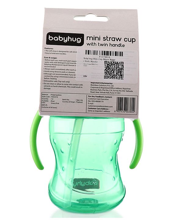 Babyhug Straw Sipper Bottle with Twin Handles  Green, 180 ml | BPA Free | Spill-Resistant | Easy Grip |Flip Up Straw | Travel Friendly | Ideal for Newborns & Toddlers
