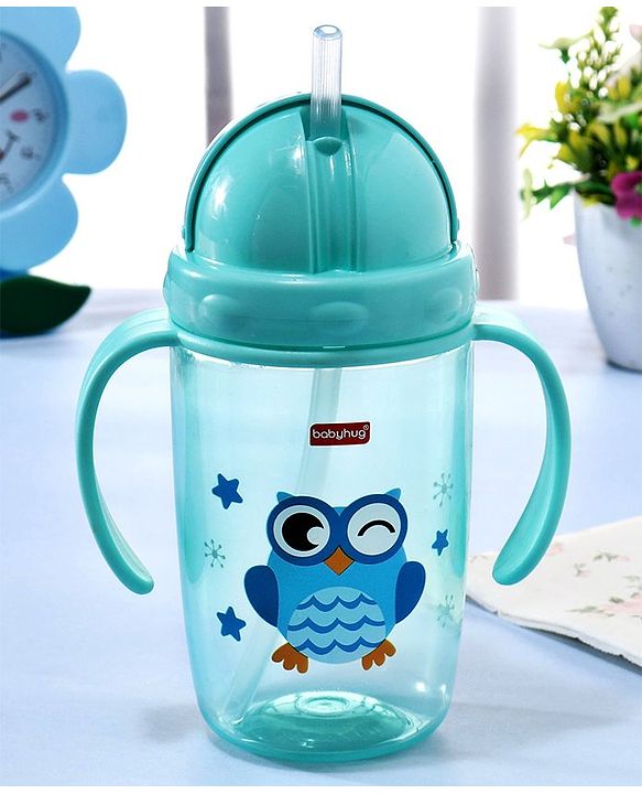 Babyhug Owl Print Straw Sipper Bottle  360 ml, Blue | BPA Free | Spill-Resistant |Flip Lid | Dishwasher Safe | Travel Friendly | Ideal for Newborns & Toddlers