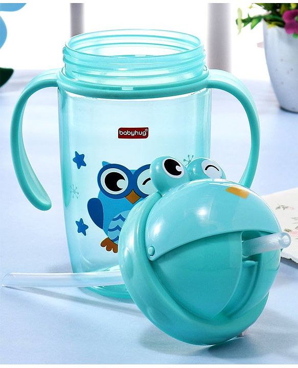 Babyhug Owl Print Straw Sipper Bottle  360 ml, Blue | BPA Free | Spill-Resistant |Flip Lid | Dishwasher Safe | Travel Friendly | Ideal for Newborns & Toddlers