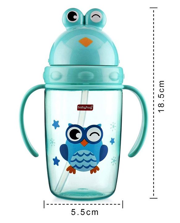 Babyhug Owl Print Straw Sipper Bottle  360 ml, Blue | BPA Free | Spill-Resistant |Flip Lid | Dishwasher Safe | Travel Friendly | Ideal for Newborns & Toddlers