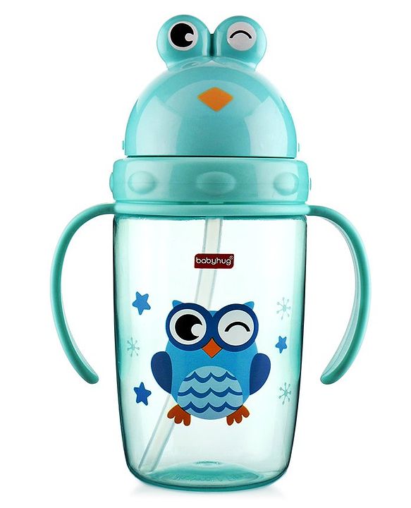 Babyhug Owl Print Straw Sipper Bottle  360 ml, Blue | BPA Free | Spill-Resistant |Flip Lid | Dishwasher Safe | Travel Friendly | Ideal for Newborns & Toddlers