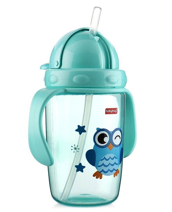 Babyhug Owl Print Straw Sipper Bottle  360 ml, Blue | BPA Free | Spill-Resistant |Flip Lid | Dishwasher Safe | Travel Friendly | Ideal for Newborns & Toddlers