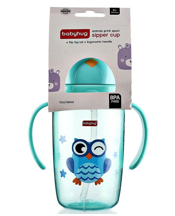 Babyhug Owl Print Straw Sipper Bottle  360 ml, Blue | BPA Free | Spill-Resistant |Flip Lid | Dishwasher Safe | Travel Friendly | Ideal for Newborns & Toddlers