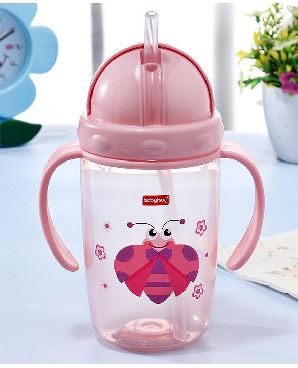 Babyhug Owl Print Straw Sipper Bottle  360 ml, Pink | BPA Free | Spill-Resistant |Flip Lid |Dishwasher Safe |