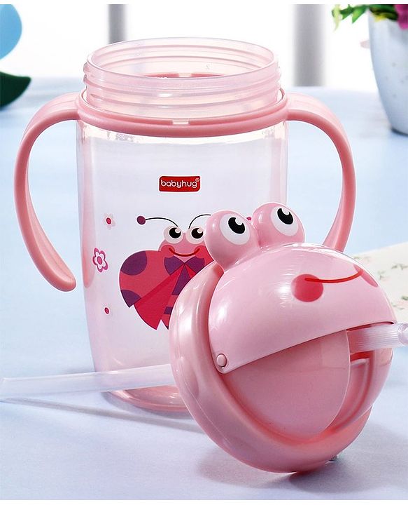 Babyhug Owl Print Straw Sipper Bottle  360 ml, Pink | BPA Free | Spill-Resistant |Flip Lid |Dishwasher Safe |