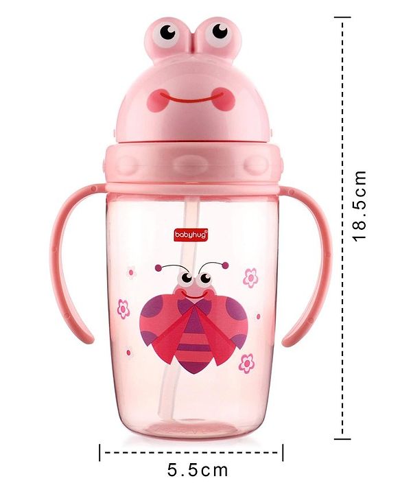 Babyhug Owl Print Straw Sipper Bottle  360 ml, Pink | BPA Free | Spill-Resistant |Flip Lid |Dishwasher Safe |