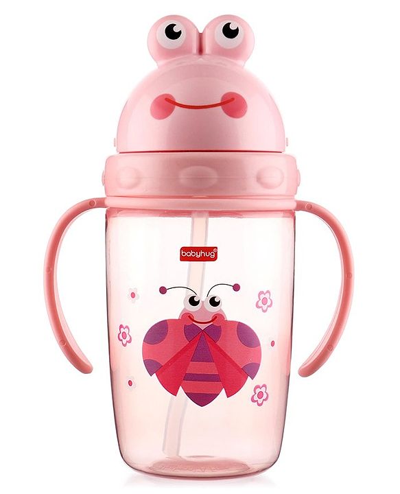 Babyhug Owl Print Straw Sipper Bottle  360 ml, Pink | BPA Free | Spill-Resistant |Flip Lid |Dishwasher Safe |