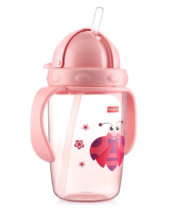 Babyhug Owl Print Straw Sipper Bottle  360 ml, Pink | BPA Free | Spill-Resistant |Flip Lid |Dishwasher Safe |