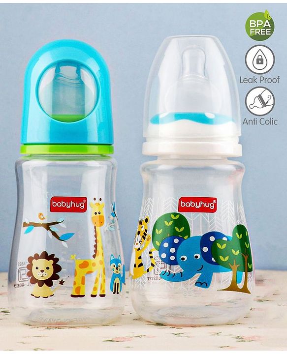 Babyhug Feeding Bottle Animal Print Blue And White Pack of 2 - 125 ml and 150 ml