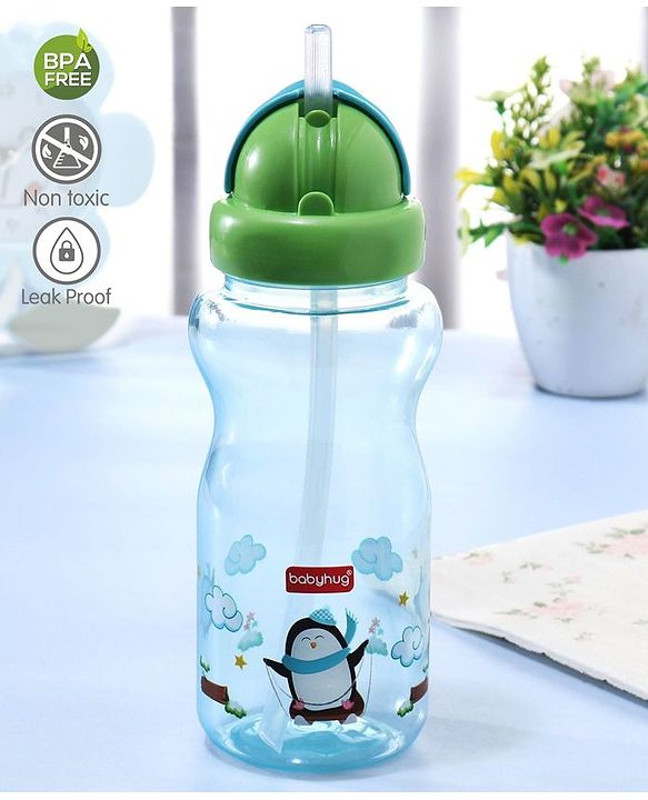 Babyhug Straw Sipper Bottle with Penguin Print - 300 ml, Blue | BPA Free | Leak-Resistant | Flip Open Lid | EN Certified | Dishwasher Safe | Ideal for Newborns & Toddlers