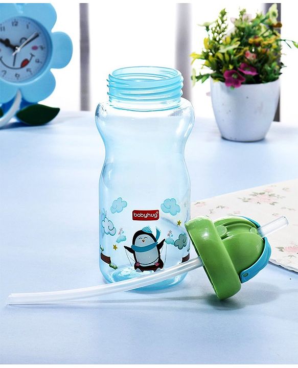 Babyhug Straw Sipper Bottle with Penguin Print - 300 ml, Blue | BPA Free | Leak-Resistant | Flip Open Lid | EN Certified | Dishwasher Safe | Ideal for Newborns & Toddlers