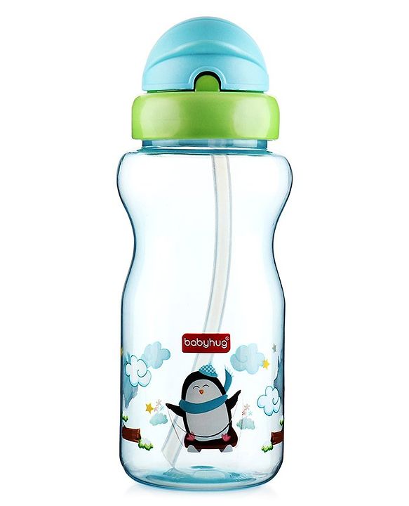 Babyhug Straw Sipper Bottle with Penguin Print - 300 ml, Blue | BPA Free | Leak-Resistant | Flip Open Lid | EN Certified | Dishwasher Safe | Ideal for Newborns & Toddlers