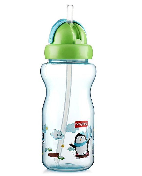 Babyhug Straw Sipper Bottle with Penguin Print - 300 ml, Blue | BPA Free | Leak-Resistant | Flip Open Lid | EN Certified | Dishwasher Safe | Ideal for Newborns & Toddlers