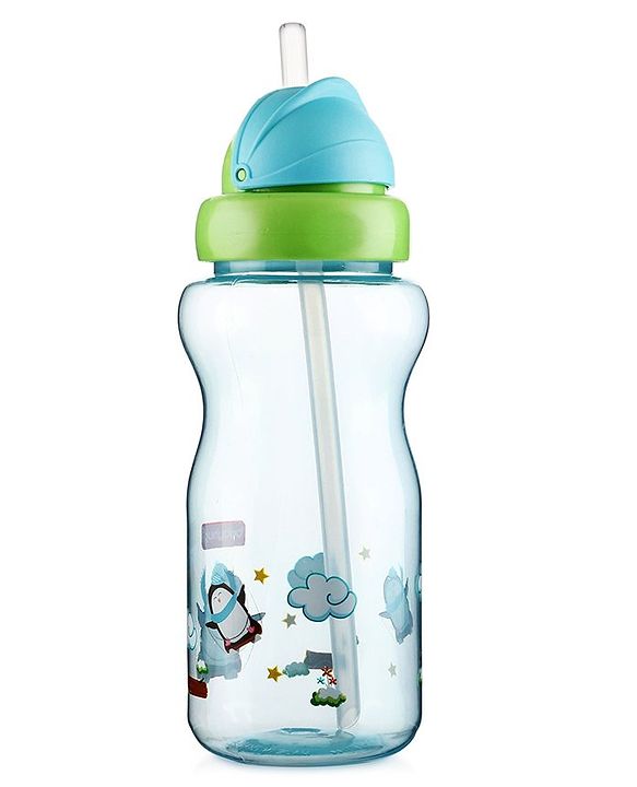 Babyhug Straw Sipper Bottle with Penguin Print - 300 ml, Blue | BPA Free | Leak-Resistant | Flip Open Lid | EN Certified | Dishwasher Safe | Ideal for Newborns & Toddlers