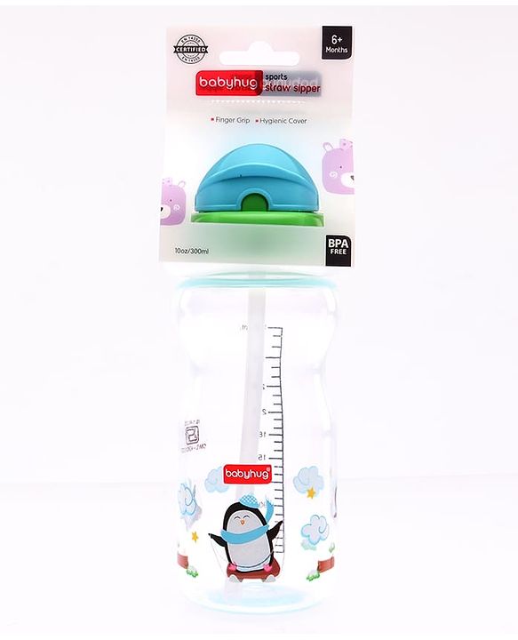 Babyhug Straw Sipper Bottle with Penguin Print - 300 ml, Blue | BPA Free | Leak-Resistant | Flip Open Lid | EN Certified | Dishwasher Safe | Ideal for Newborns & Toddlers