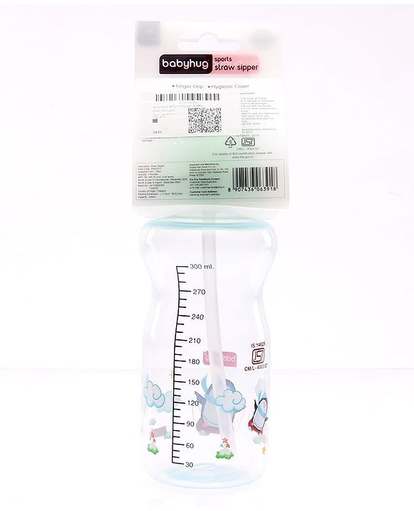 Babyhug Straw Sipper Bottle with Penguin Print - 300 ml, Blue | BPA Free | Leak-Resistant | Flip Open Lid | EN Certified | Dishwasher Safe | Ideal for Newborns & Toddlers