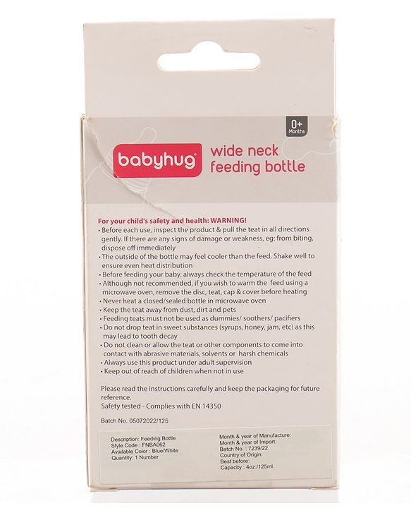 Babyhug Wide Neck Feeding Bottle Blue - 125 ml