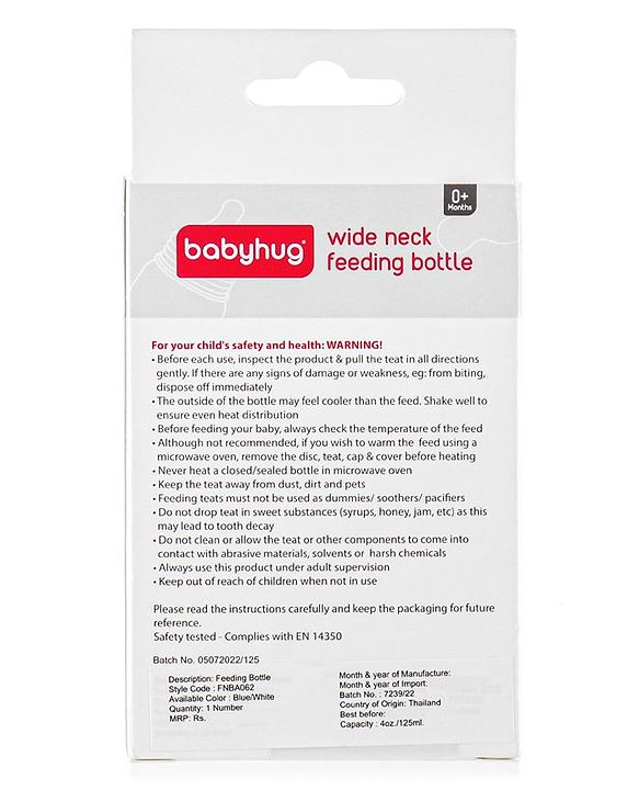 Babyhug Wide Neck Feeding Bottle Blue - 125 ml