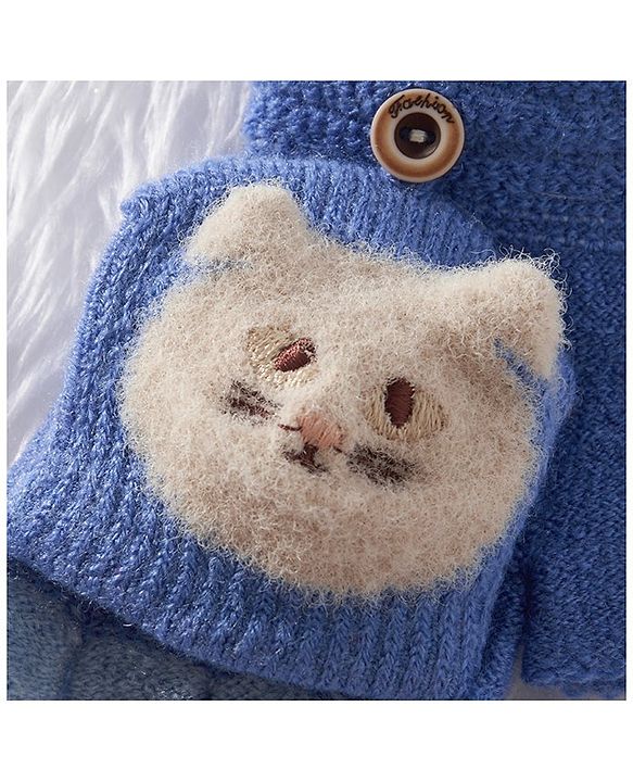 Babyhug Woollen Gloves Animal Applique - Blue