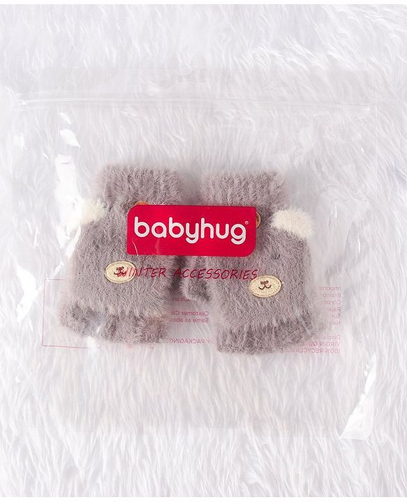 Babyhug Woollen Gloves Bear Design - Grey