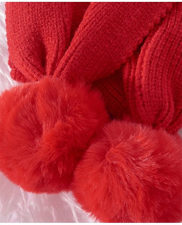 Babyhug Woollen Cap & Gloves With Muffler Pom Pom Detailing  Red - Diameter 11 cm