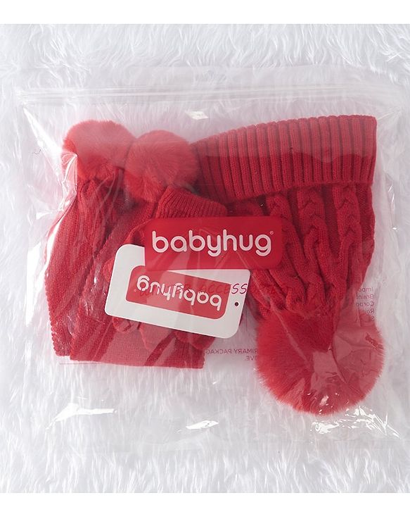 Babyhug Woollen Cap & Gloves With Muffler Pom Pom Detailing  Red - Diameter 11 cm