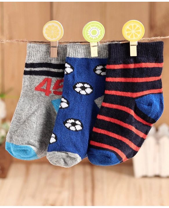 Cute Walk by Babyhug Anti Bacterial Ankle Length Socks Pack of 3 - Grey Blue