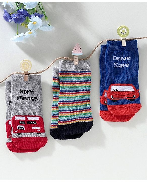 Cute Walk by Babyhug Ankle Length Anti Bacterial Socks Vehicle Design Pack of 3 - Blue Grey