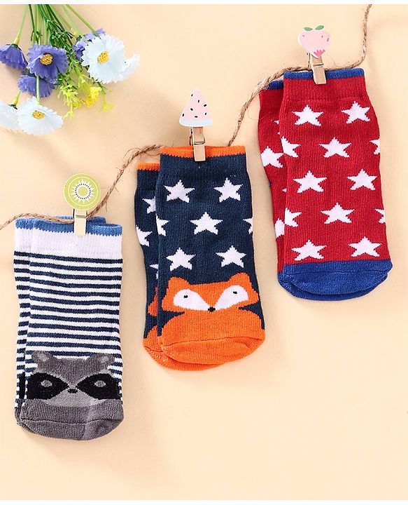 Cute Walk by Babyhug Antibacterial Ankle Length Socks Multi Design Pack of 3 Pairs - Red Blue Grey