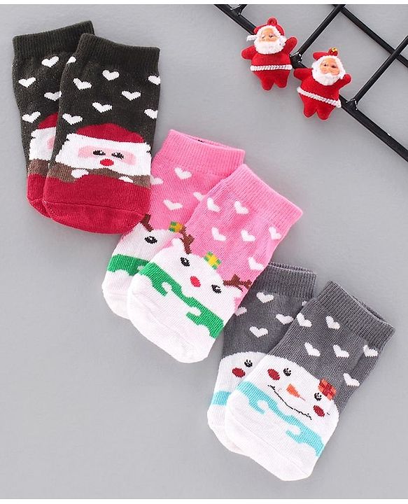 Cute Walk by Babyhug Antibacterial Ankle Length Socks Snow Man & Santa Design Pack of 3 - Pink White Grey