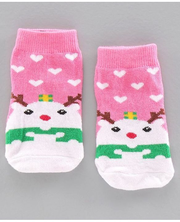 Cute Walk by Babyhug Antibacterial Ankle Length Socks Snow Man & Santa Design Pack of 3 - Pink White Grey