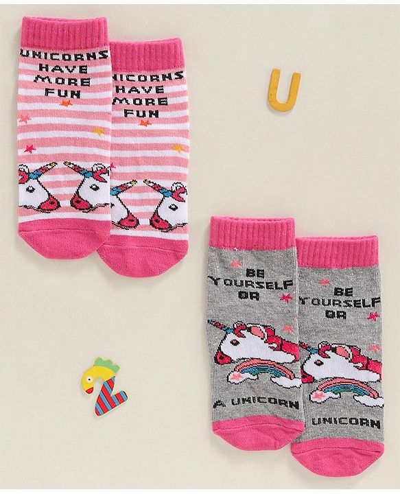 Cute Walk by Babyhug Anti Bacterial Ankle Length Socks Unicorn Design Pack of 2 - Pink Grey