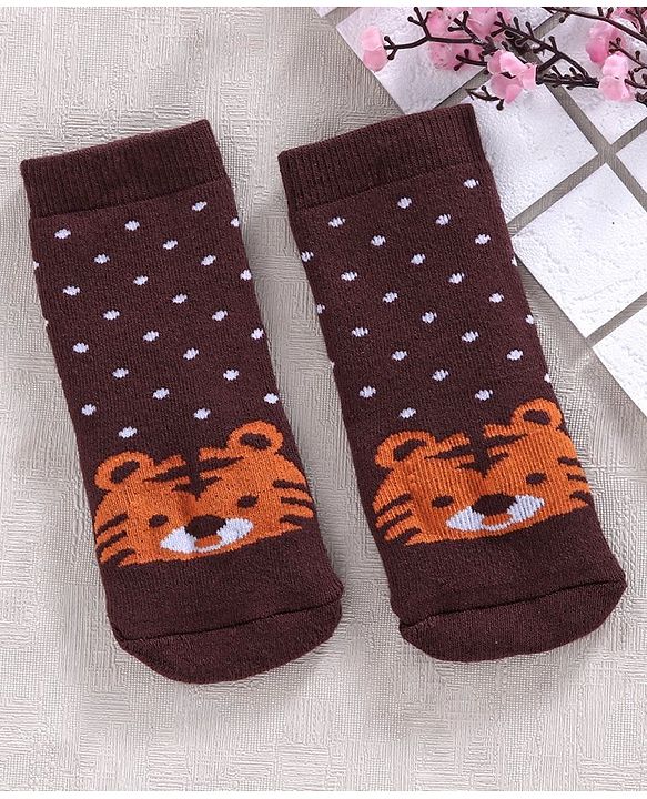 Cute Walk by Babyhug Anti-bacterial Dotted Socks Tiger Design - Brown