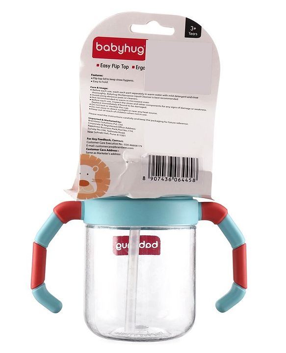 Babyhug Twin Handle Tritan Straw SipperRed - 380 ml
