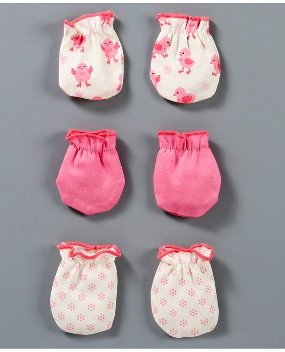 Babyhug 100% Cotton Mittens Chick Print Pack of 3 - Pink
