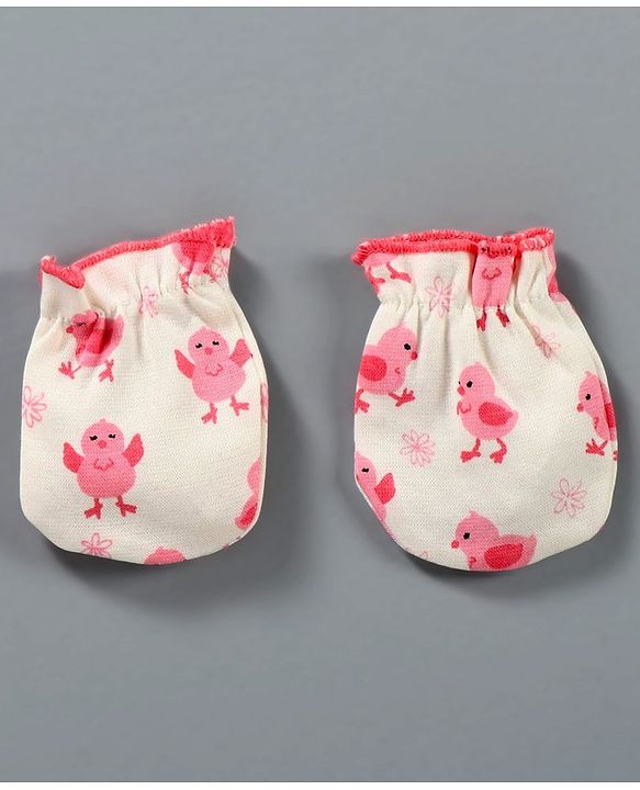 Babyhug 100% Cotton Mittens Chick Print Pack of 3 - Pink
