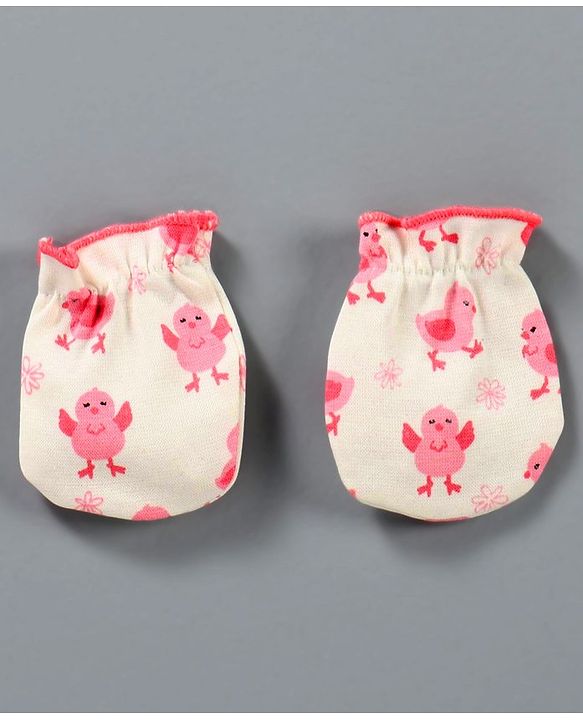 Babyhug 100% Cotton Mittens Chick Print Pack of 3 - Pink