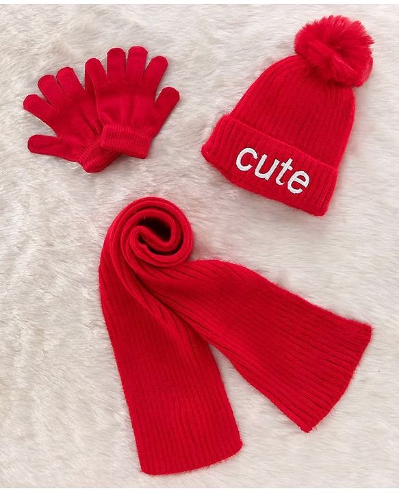 Babyhug Woollen Cap & Gloves With Muffler Red - Diameter 10.5 cm