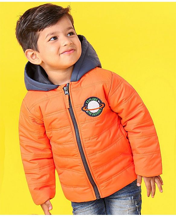 Babyhug Full Sleeves Hooded Padded Winter Jacket - Orange Grey