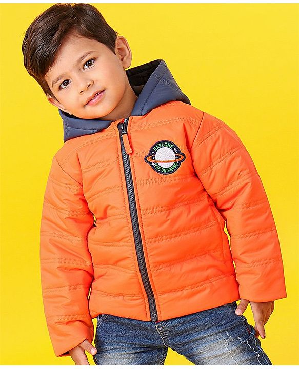 Babyhug Full Sleeves Hooded Padded Winter Jacket - Orange Grey