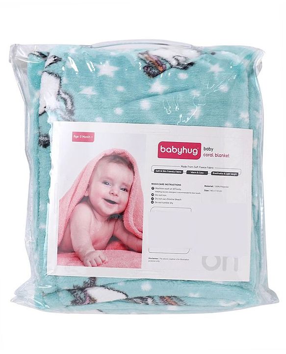 Babyhug Coral Blanket Unicorn Print - Sea Green