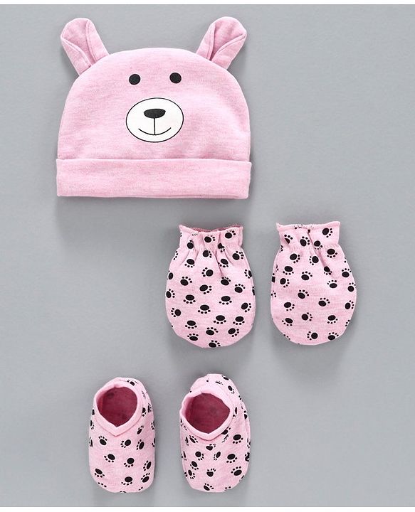 Babyhug 100% Cotton Cap Mittens & Booties Set Pink - Diameter 11 cm