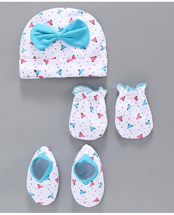 Babyhug 100% Cotton Cap Mittens & Booties Set Blue White -  Diameter 10 cm