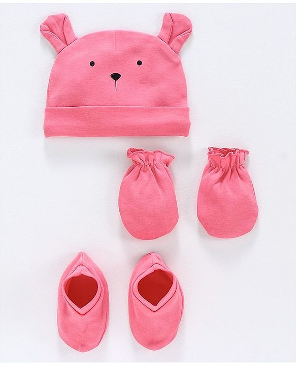 Babyhug 100% Cotton Cap Mittens and Booties Set Teddy Print Pink - Diameter 11.5 cm