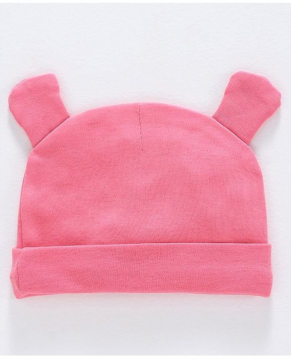 Babyhug 100% Cotton Cap Mittens and Booties Set Teddy Print Pink - Diameter 11.5 cm