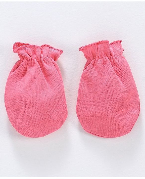 Babyhug 100% Cotton Cap Mittens and Booties Set Teddy Print Pink - Diameter 11.5 cm